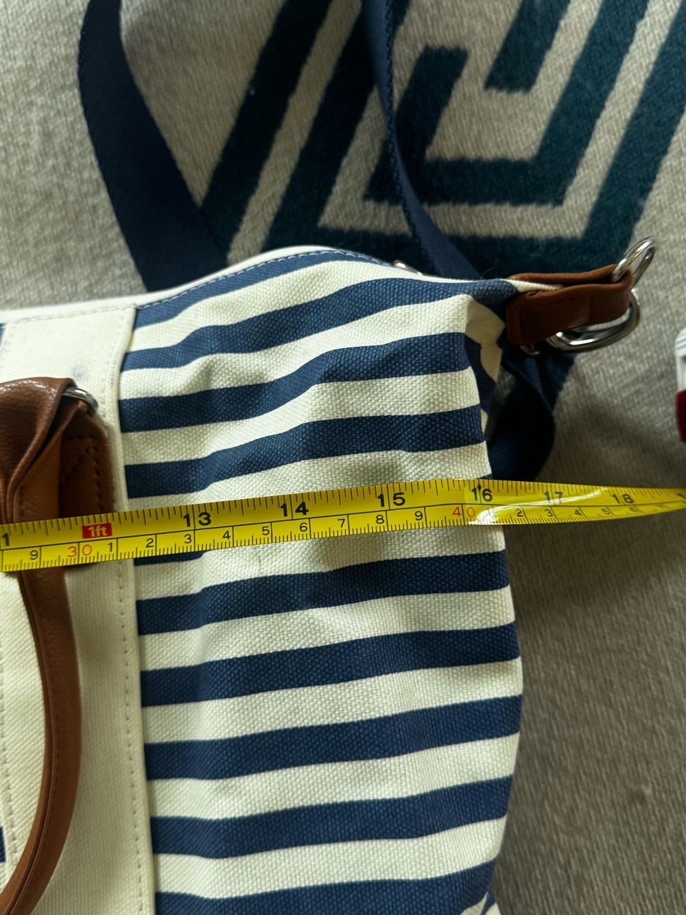 Navy Stripe Canvas Tote Bag with Brown Leather Trim - Picture 8 of 8